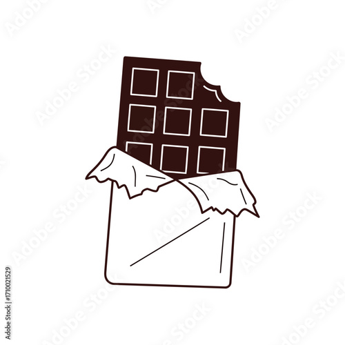 Vector art of chocolate bar with a bite taken out, representing indulgence, treat, sweet dessert, and cocoa delight