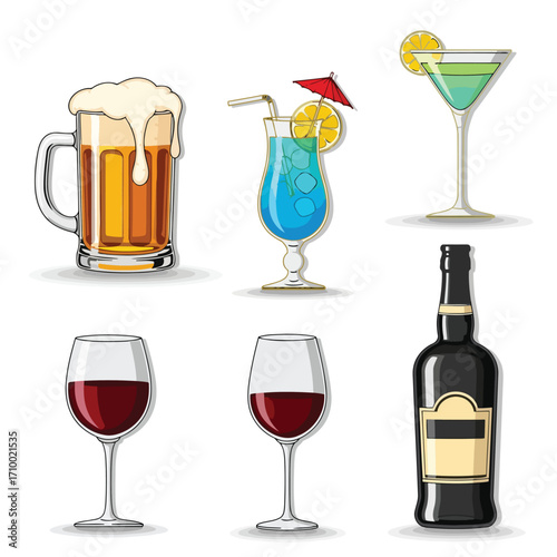 Vector art of a diverse collection of alcoholic beverages, including beer, cocktails, wine, and a bottle, showcasing various drink options