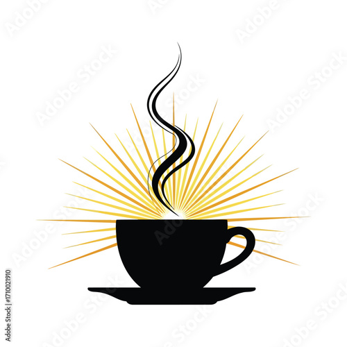Vector art of a steaming cup of coffee, radiating warmth and inviting relaxation with its aromatic allure and golden rays