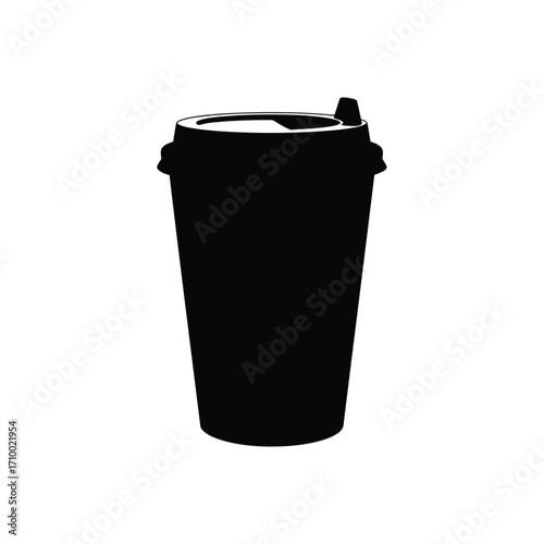 Vector art of a black disposable coffee cup, symbolizing convenience and onthego refreshment with its sleek design and practical lid