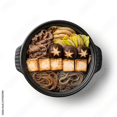 Sukiyaki Hotpot with Beef Tofu Vegetables and Shirataki Noodles on white background 