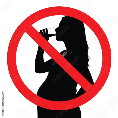 Vector art of silhouette of pregnant woman drinking alcohol with a red prohibition sign, symbolizing the dangers of alcohol