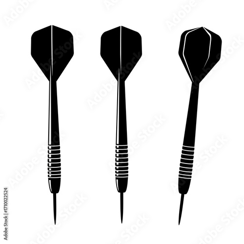Three black darts with striped grips arranged in a row against a white background