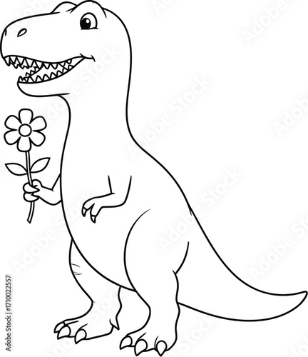 Cute t rex dinosaur holding flower drawing coloring page vector