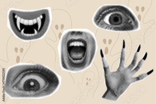 Retro collage halftone elements,devil hand,fear eyes,mouth,cut out elements for trendy collage