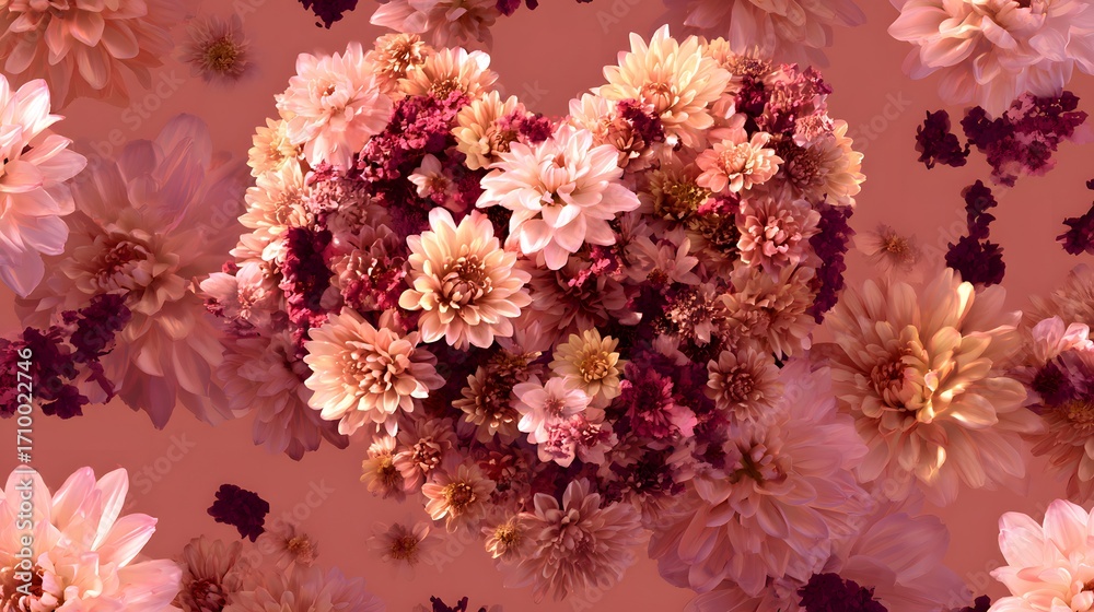 Fototapeta premium Pink Floral Heart Arrangement on Soft Pink Background for Romantic or Wedding Themes. Love Form. Love Shape. Love Yourself. Self Love. Love Language