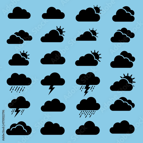Collection of black silhouette weather icons representing different atmospheric conditions on a blue background