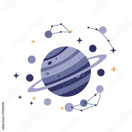 Whimsical illustration of saturn surrounded by planets and constellations in a dreamy cosmic scene