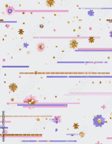 Padrão Sem Costura Vetorial: Flores Abstratas e Listras Delicadas
