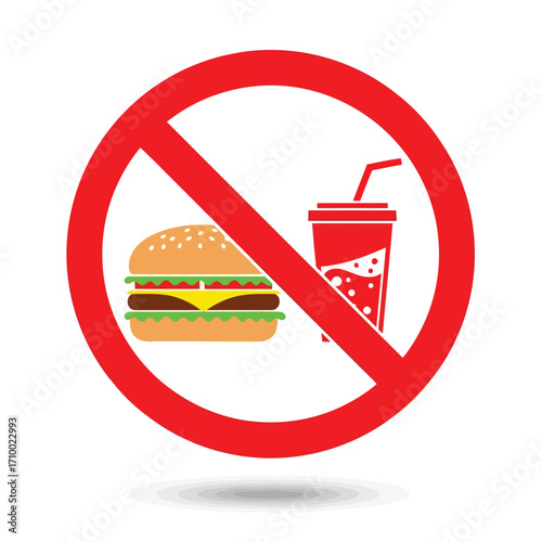 Vector art of a red prohibition sign over a burger and soda, symbolizing unhealthy food and drink choices