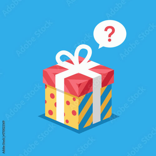 Brightly wrapped gift box with question mark in speech bubble symbolizing surprise and mystery