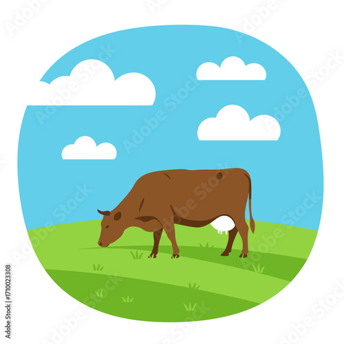 Brown cow grazing peacefully in a lush green field under a bright blue sky with fluffy white clouds