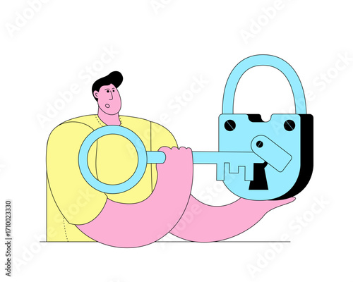 A character opens a lock. Icon in a bright colors. modern cartoon style. Vector Illustration.