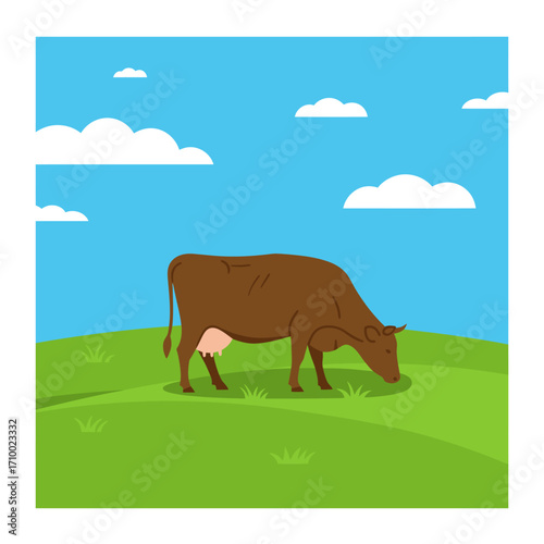 Brown cow grazing peacefully in a vibrant green pasture under a bright blue sky with fluffy white clouds