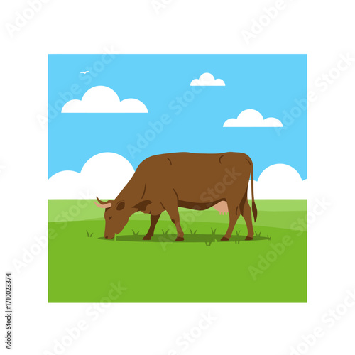 Brown cow grazing peacefully in a lush green meadow under a bright blue sky with fluffy white clouds