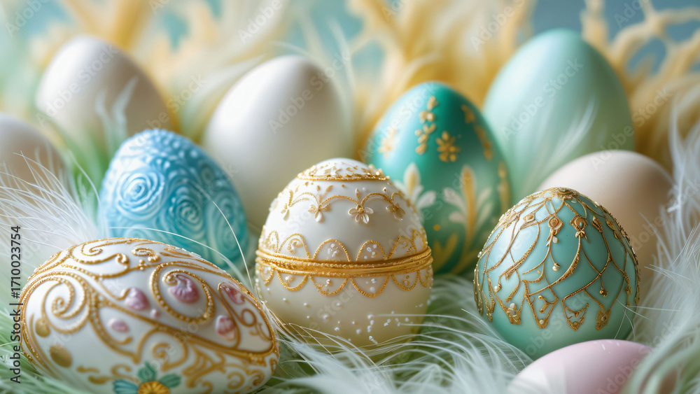 Fototapeta premium Colorful decorated Easter eggs arranged on soft feathers