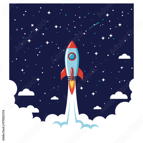 Cartoon rocket ship blasting off into starry night sky with clouds and smoke