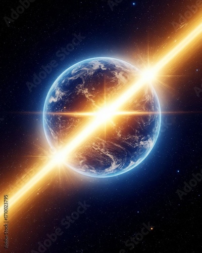 flash of beam of light above the planet