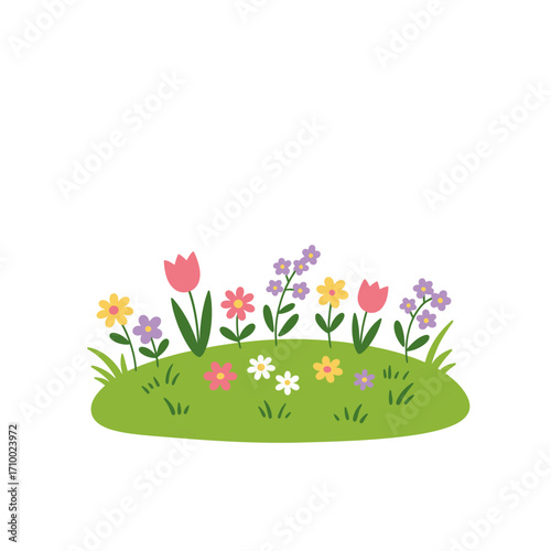 Charming cartoon illustration of a vibrant meadow filled with colorful spring flowers and lush green grass
