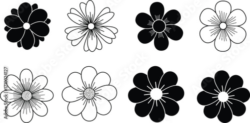 Black and white floral arrangement displaying various simple flower designs