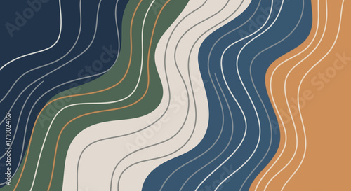 Abstract Vector Background with Wavy Lines in Blue Green and Beige Modern Aesthetic