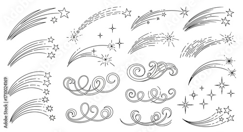 Vector Illustration of Starry Trails and Swirls Black and White Decorative Elements in Abstract Sketch Style