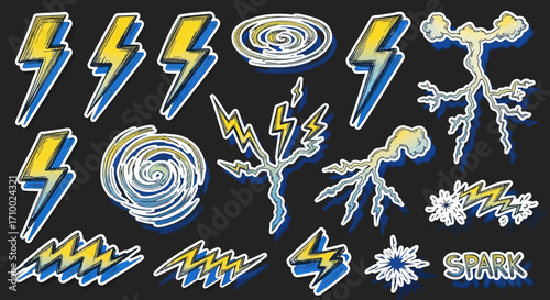 Vector Illustration Set of Lightning Bolts and Spiral Designs in Yellow and Blue with White Borders on Dark Background