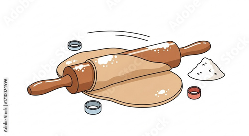 Illustration of dough being rolled out with a rolling pin, flour, and cookie cutters