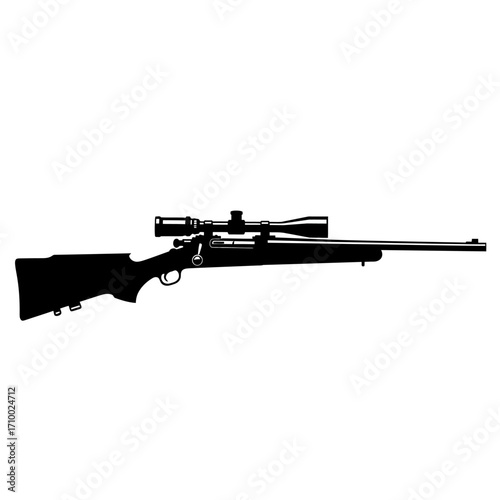 Silhouette of a modern bolt action rifle with a telescopic scope on a white background