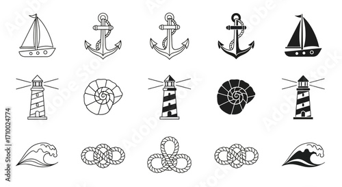 Nautical Vector Pattern with Boat Anchor Lighthouse Shell and Wave Elements Simple Line Art Style