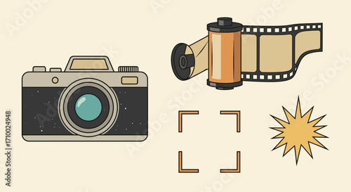 Vintage Camera Vector Illustration with Film Roll Focus Square and Flash Element in Retro Style