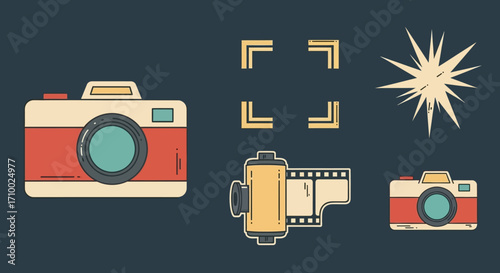 Icon Set Vector Collection Featuring Camera Film and Photo Elements in Vintage Style
