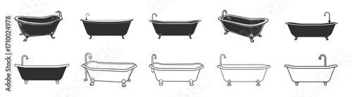 Bathtub silhouette vector collection, vintage bath icons set for bathroom, interior and decorative design.
