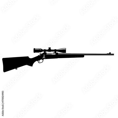 Black bolt action rifle with scope isolated on white background for hunting and sport shooting
