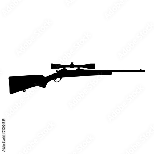 Silhouette of a hunting rifle with a telescopic scope against a clean white background