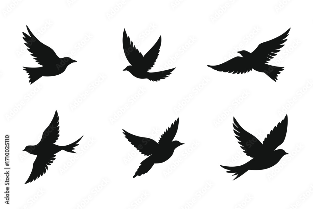 Obraz premium Flying bird silhouette vector collection, black bird icon set for nature and decorative design.