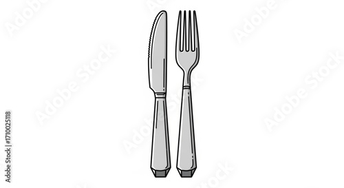 Illustration of a silver fork and knife, essential cutlery for dining and eating meals