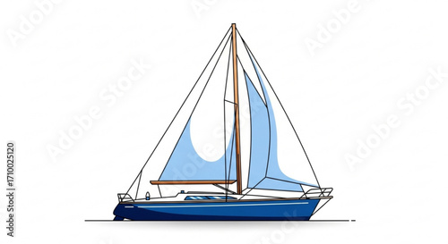 Illustration of a blue sailboat with light blue sails, perfect for nautical themed designs and projects
