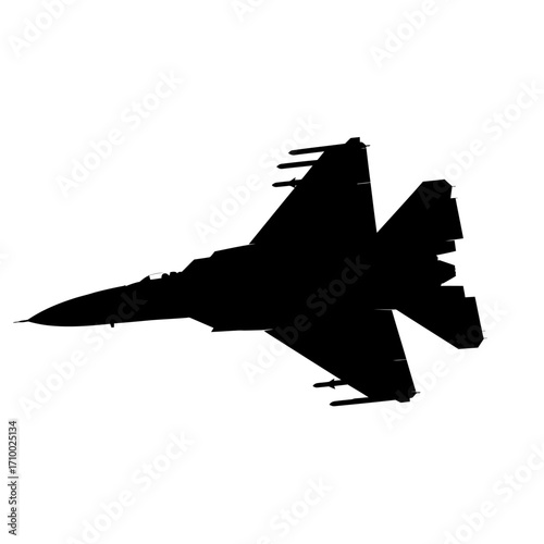 Silhouette of a modern fighter jet aircraft in flight against a stark white background