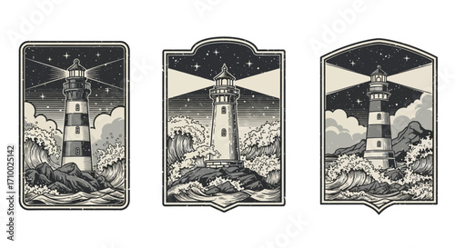 Lighthouse Vector Illustration Set for Nautical Design in Vintage Style with Sea Waves and Stars