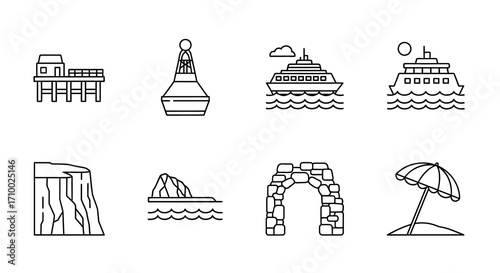 Icon Set Vector Collection with Pier Buoy Cruise Ship Cliff and Beach in Minimalist Line Art Style