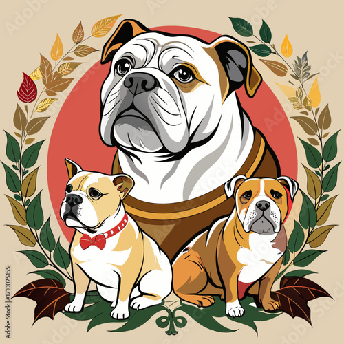 A trio of charming bulldogs, each with unique markings and expressions, nestled within a wreath of autumn leaves, creating a cozy and inviting scene