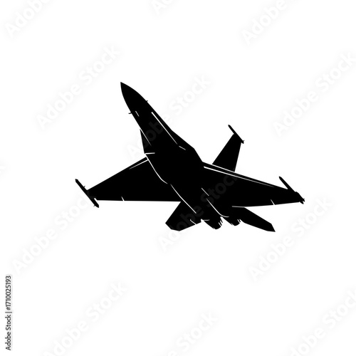 Silhouette of a modern fighter jet aircraft in flight against a stark white background