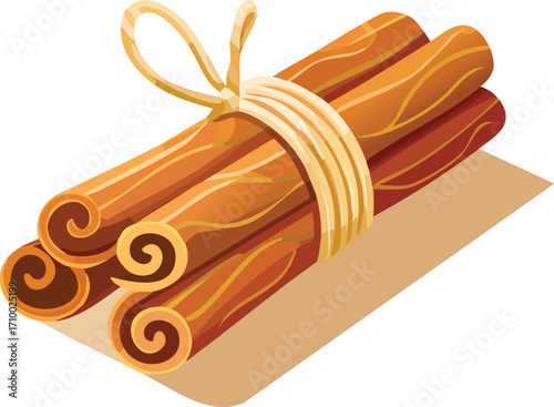 A realistic illustration of tied cinnamon sticks with a shadow, ideal for culinary projects, holiday graphics, and cozy themes. Generative AI