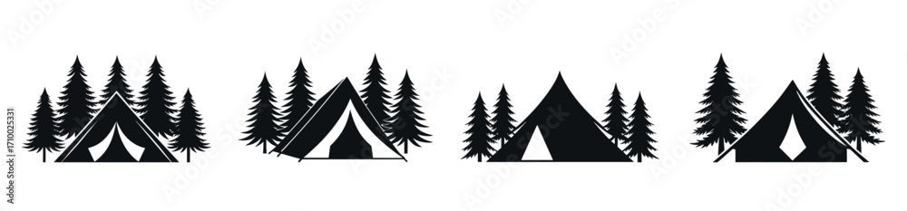 Obraz premium Camping tent with pine tree silhouette vector set for outdoor adventure.