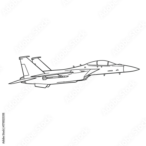 Detailed black and white line drawing illustration of a modern fighter jet aircraft in profile view
