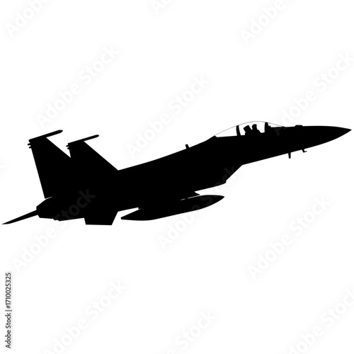 Silhouette of a powerful modern fighter jet aircraft in flight against a white background