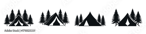 Camping tent with pine tree silhouette vector set for outdoor adventure.