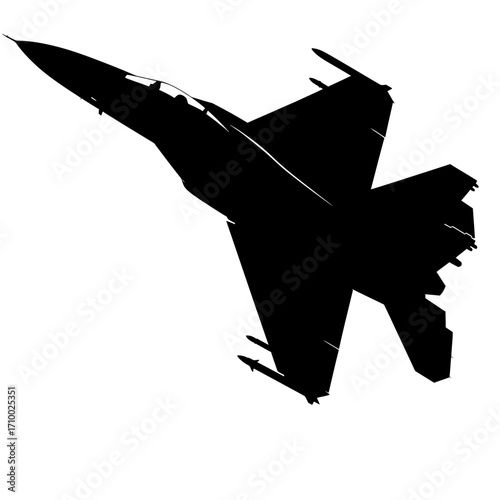 Silhouette of a powerful fighter jet in flight against a stark white background dynamic aerial view