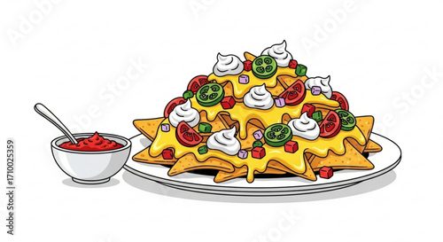 Delicious nachos crispy tortilla chips are generously topped with melted cheese, jalapenos, sour cream, and salsa